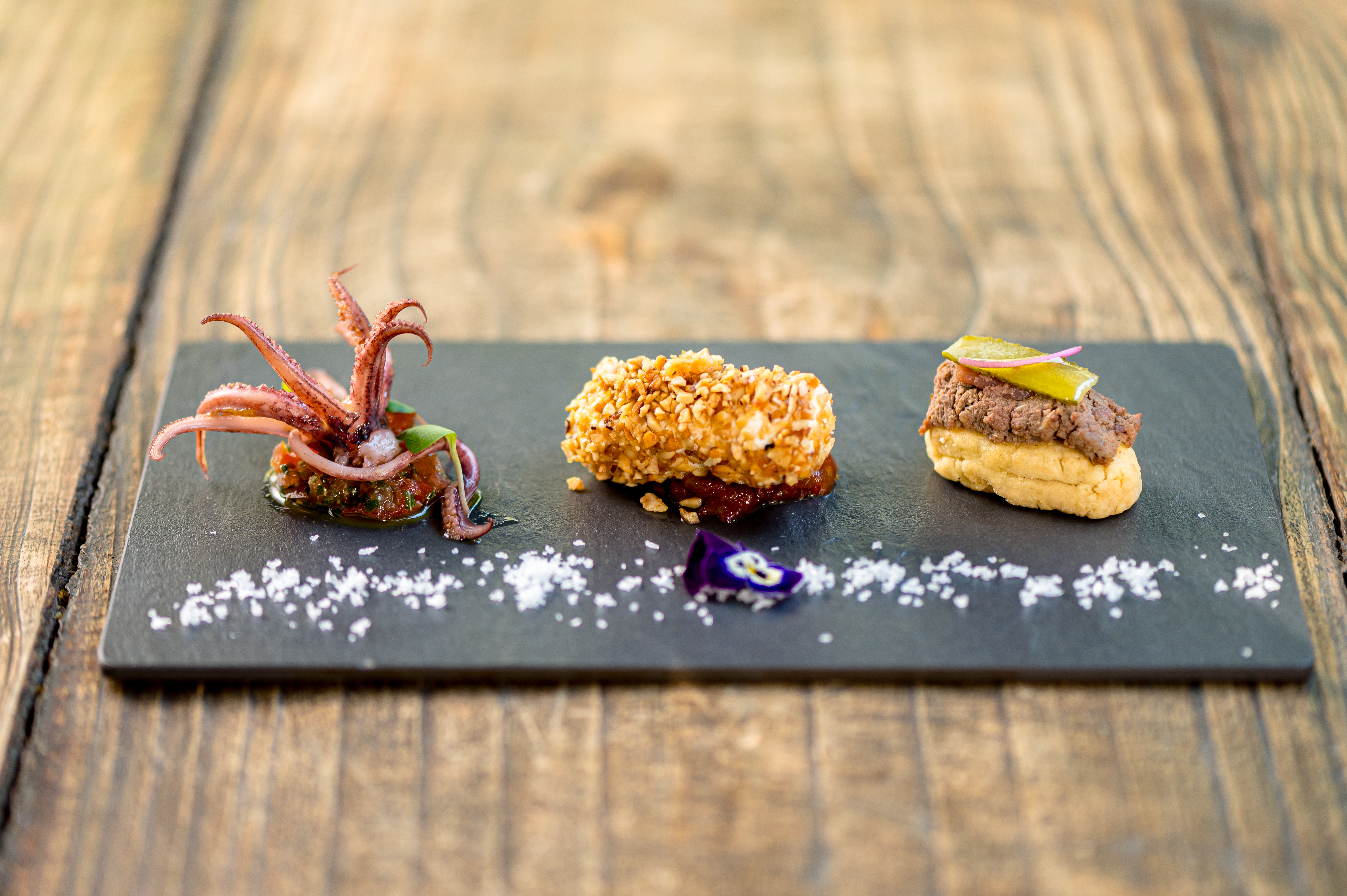 Minilula à sauce vierge Torrone de queijo de cabra com castanha do Pará caramelizada e confiture de tomate Brisée com terrine artesanal e cornichon no gin